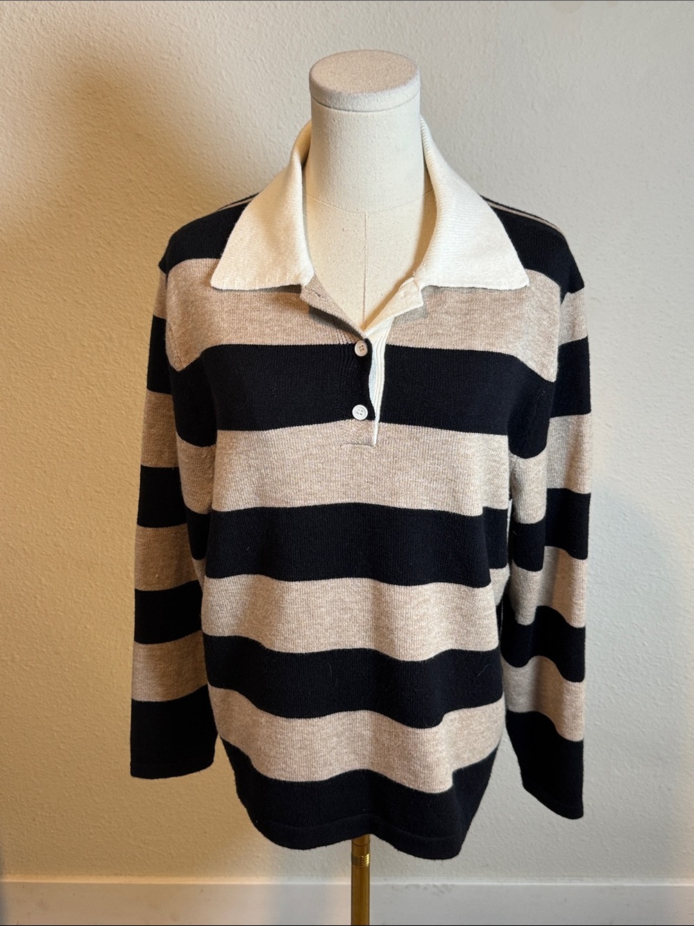 Cielo Polo Sweater in Black and Taupe Stripe size Medium